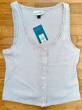 NWT Pink Women’s Pointelle Tank Top Ribbed Lace-Trim with Bow